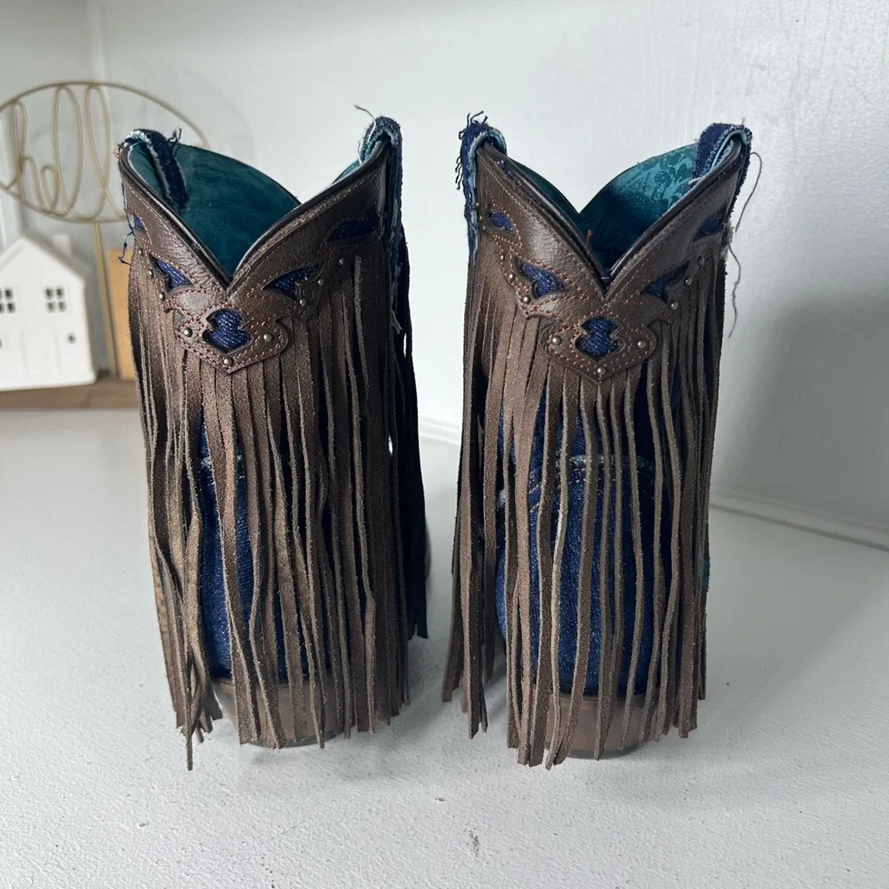 **SOLD**Corral Fringe Denim Cowgirl Boots Women’s 11 Western Rodeo Style, Rare - Picture 4 of 8